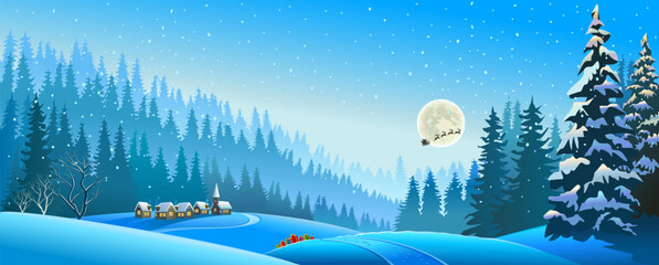 Landscape of a dense forest during winter with snowfall.