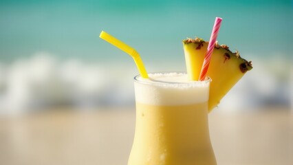 Pina Colada Cocktail - Refreshing tropical pineapple drink with straws against a vibrant blue ocean background on a sunny beach day