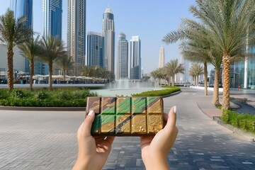 Closeup of female hands holding a chocolate bar against a beautiful city panorama with skyscrapers and palm trees