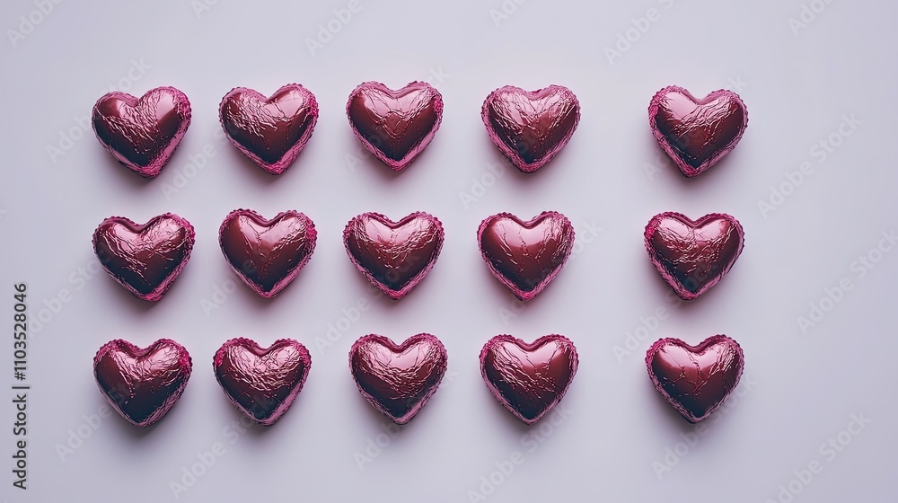 Poster red heart-shaped chocolates arranged in a symmetrical pattern