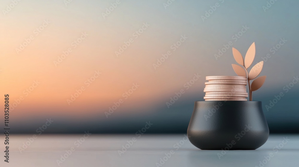 Poster black pot with a stack of coins inside. The coins are arranged in a neat stack and are of different sizes and colors. On top of the stack, there is a small plant with two leaves.