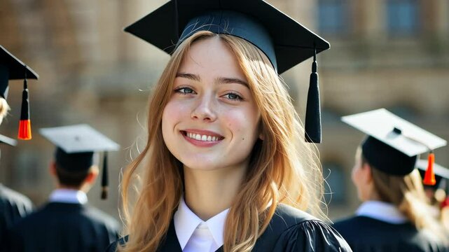 Happy graduate smiling and wearing woman doctoral graduation cap gown and mortarboard