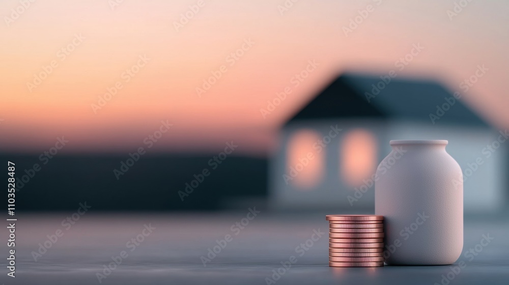 Poster stack of coins next to a white vase on a concrete surface. the vase is empty and the coins are stack