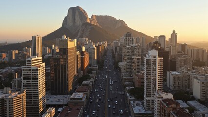 Obraz premium Generative AI, Golden Sunrise Over a Modern Metropolis and Granite Plateau