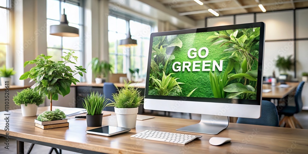 Poster desktop computer displaying go green message surrounded by indoor plants in a modern eco-friendly of