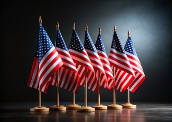 Desktop Flags of the USA on a Black Background Celebrating Patriotic Holidays with Ample Copy Space for Customization and Text Overlay