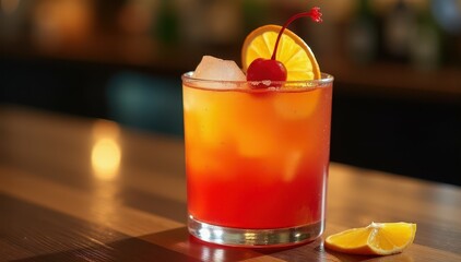 Tequila Sunrise Cocktail - Vibrant cocktail garnished with an orange slice and cherry on a wooden bar counter, beautifully lit for a refreshing allure