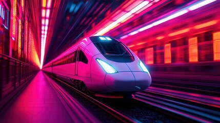 Naklejka premium Outline sketch and guideline concept, A sleek, futuristic train speeds through a vibrant, neon-lit tunnel, creating a dynamic motion effect with colorful lights.