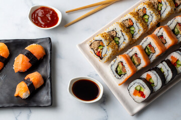 Sushi is a traditional Japanese dish consisting of rice with vinegar and various ingredients such as seafood and vegetables.