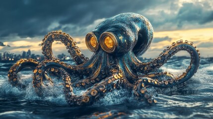 Fototapeta premium Metallic Golden Octopus in the Ocean