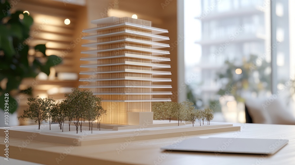 Aufkleber realistic architectural model of modern building with trees