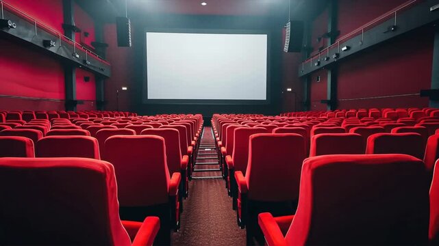 Modern Cinema Hall Empty Interior with Red Seats and Large Screen, Creating Inviting Atmosphere for Moviegoers in Spacious Theater.
