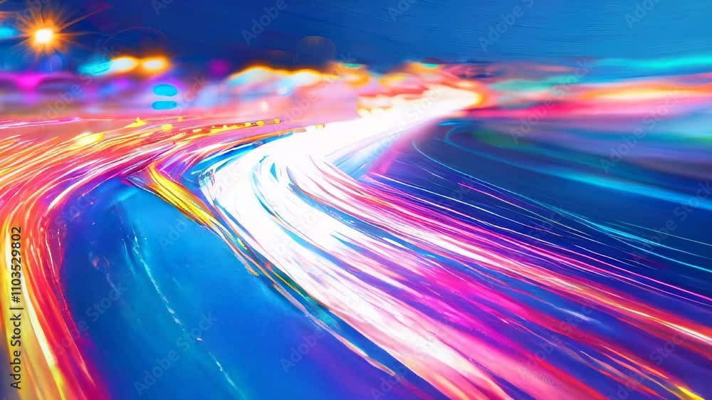 Poster long exposure of colorful light trails on a city highway, creating a dynamic and vibrant motion effe