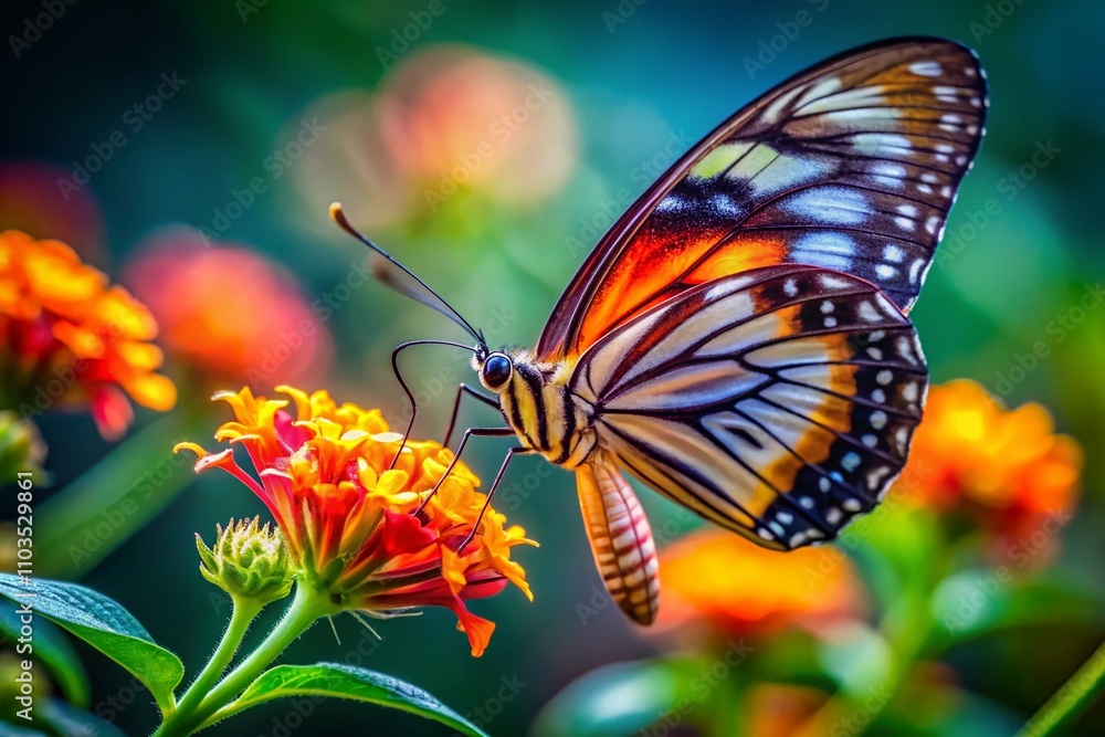 Poster detailed macro photograph of a butterfly feeding on nectar in a vibrant ecosystem showcasing flora a