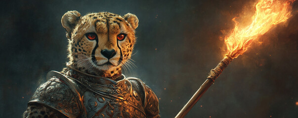 A cheetah in knightly armor with a flaming spear