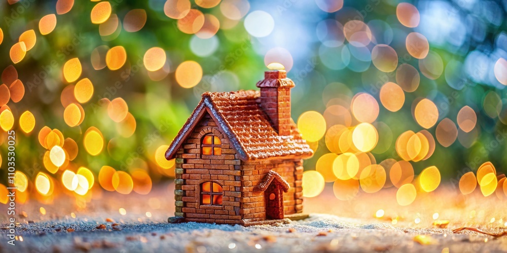 Poster detailed miniature brick house with tiny chimney on white background, capturing a bokeh effect to en