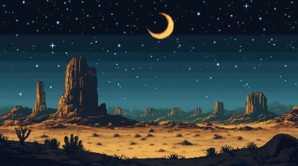Naklejka premium Nighttime Desert Landscape with Crescent Moon and Starry Sky