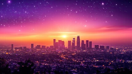 Fototapeta premium Colorful Sunset Over City Skyline with Stars and Urban Landscape