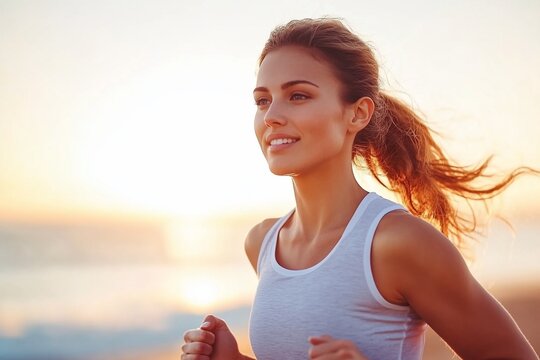 Happy woman jogging on beach at sunset.