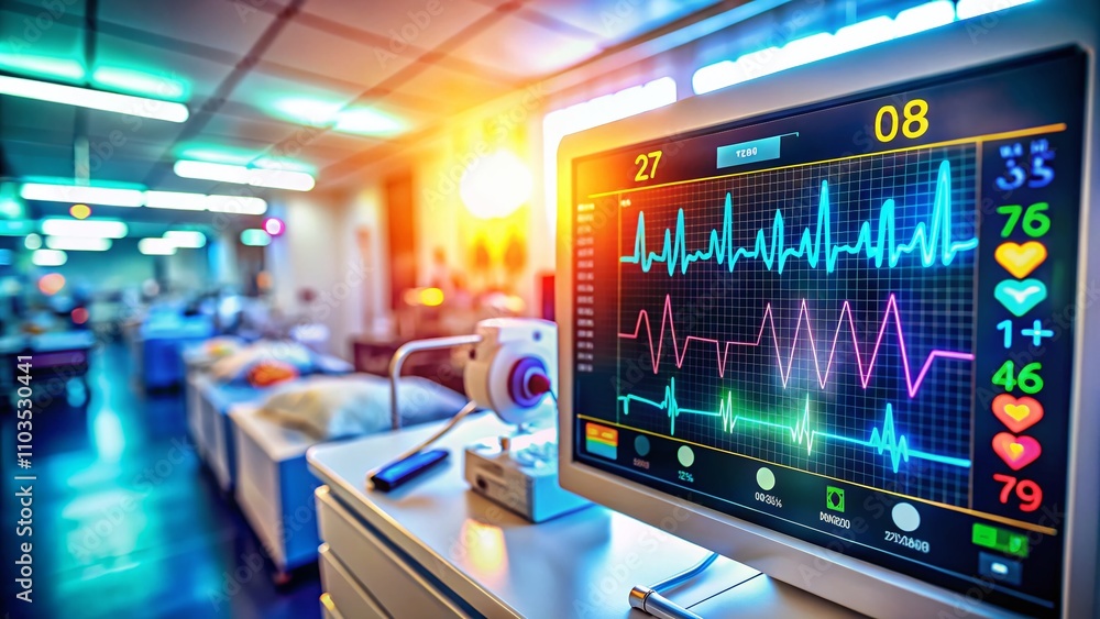 Aufkleber detailed shot of a heart rate monitor displaying real-time heartbeat graph in a clinical environment