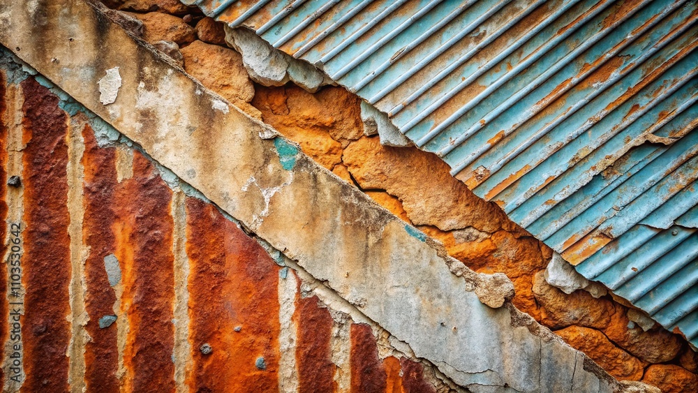 Poster detailed texture of crumbling plaster with rusty diagonal lines on wall - perfect for background or 