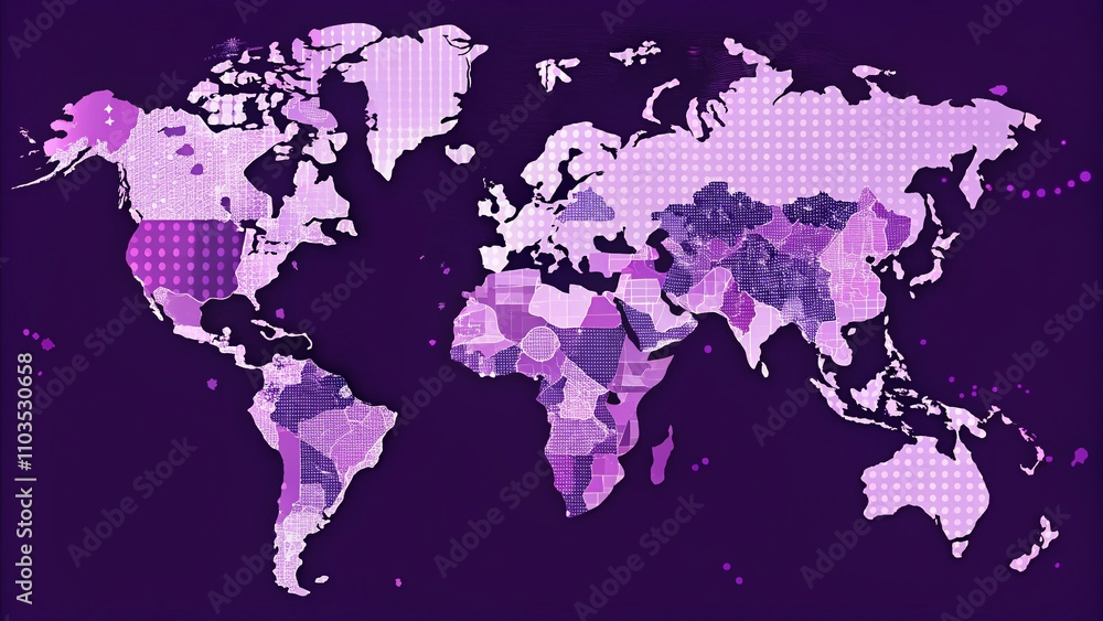 Poster detailed vector world map in violet tones with intricate geographical features and modern design ele