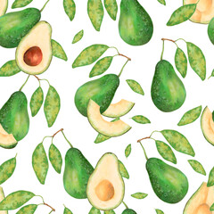 Fruit seamless pattern avocado with leaves and slices. Watercolor and marker illustration. Hand drawn isolated art. Botanical texture for  healthy food for printing on fabric, paper, juice packaging