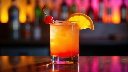 Tequila Sunrise Cocktail - An elegant cocktail glows with vibrant orange hues, garnished with a cherry and orange slice, set against a blurred bar backdrop