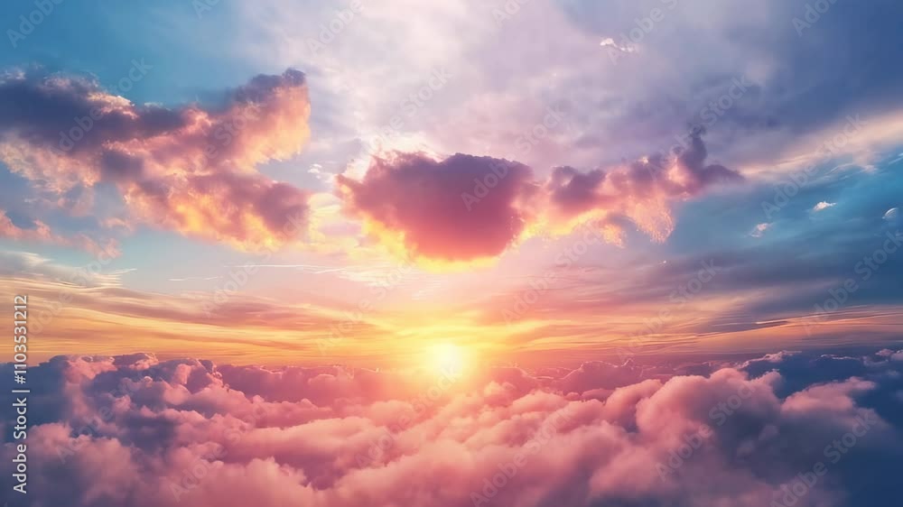 Poster beautiful sunset casting vibrant colors over soft clouds in the sky, creating a serene and uplifting