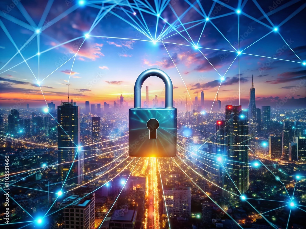 Poster digital padlock representing security in a connected urban network, symbolizing data protection and 
