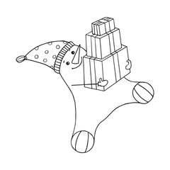 A cheerful snowman in a hat and with a smile on his face holds many boxes with gifts in his hands. New Year s card. Coloring for children.