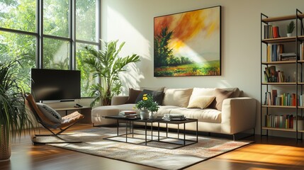Fototapeta premium Modern living room with large windows, plush sofa, chic coffee table, reading nook, and plants.