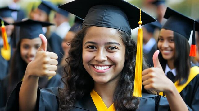 Happy graduate woman graduation cap gesturing thumbs up at graduation ceremony