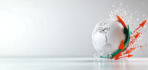 Global economic volatility event rising arrows and cracked globe illustration abstract concept studio environment dynamic perspective