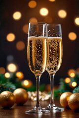 two glasses of champagne with christmas decoration
