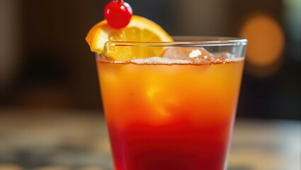Tequila Sunrise Cocktail - A vibrant cocktail garnished with a slice of orange and a cherry, showcasing a gradient of orange and red hues in a clear glass