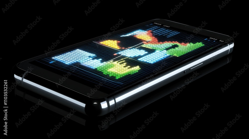 Poster a smartphone displaying stock market apps with glowing charts and real-time updates.