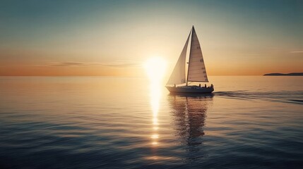 Witness the tranquil beauty of a sailboat on the water at dusk.