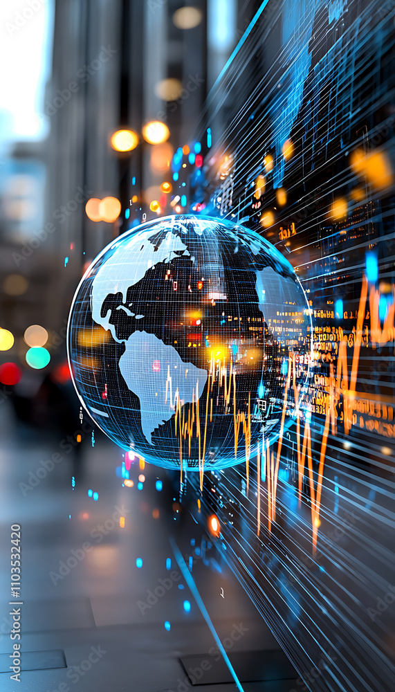 Poster global economic volatility explored through digital visualization in urban setting with data insight