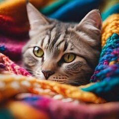 Cat with green eyes wrapped in knitted light cozy scarf. Close-up portrait of curious and funny furry gray cat. Animal theme, pets background