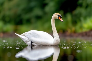 A graceful white swan glides serenely across a calm water surface, reflecting its elegance amidst lush greenery.
