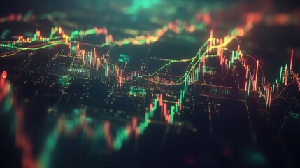 Fototapeta premium A stock market concept featuring a blend of glowing statistics, arrows, and a dark background.