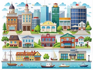 Naklejka premium Diverse Urban Architecture: Residential Cottages, Stores, Malls, Museums, Hospitals and Banks on a White Background for Public and Retail Business Use