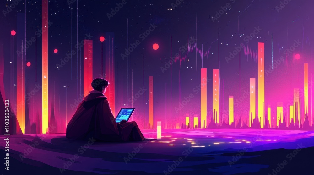 Poster a stock market trader analyzing data with a stylized cityscape in the background.