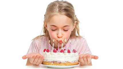 Portrait of child girl blowing out candles on birthday cake isolated on white background