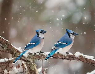 blue jays in a light winter dusting of snow AI