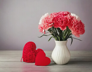 carnations in a bud vase, valentine heart AI