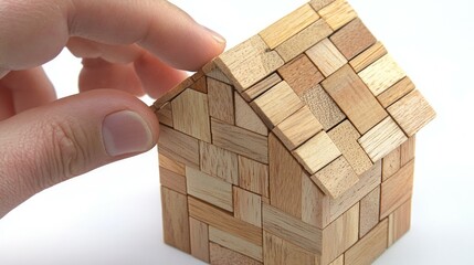 Hand building house with wooden blocks