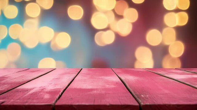 Red wooden table surface with golden bokeh lights in the background, creating a festive and warm ambiance for celebrations.