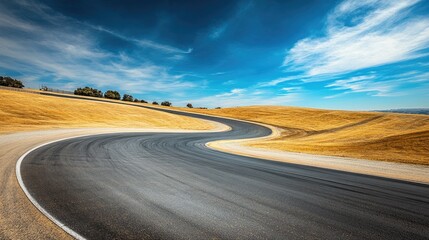 Naklejka premium Scenic Curved Road Through Golden Landscape Under Blue Sky